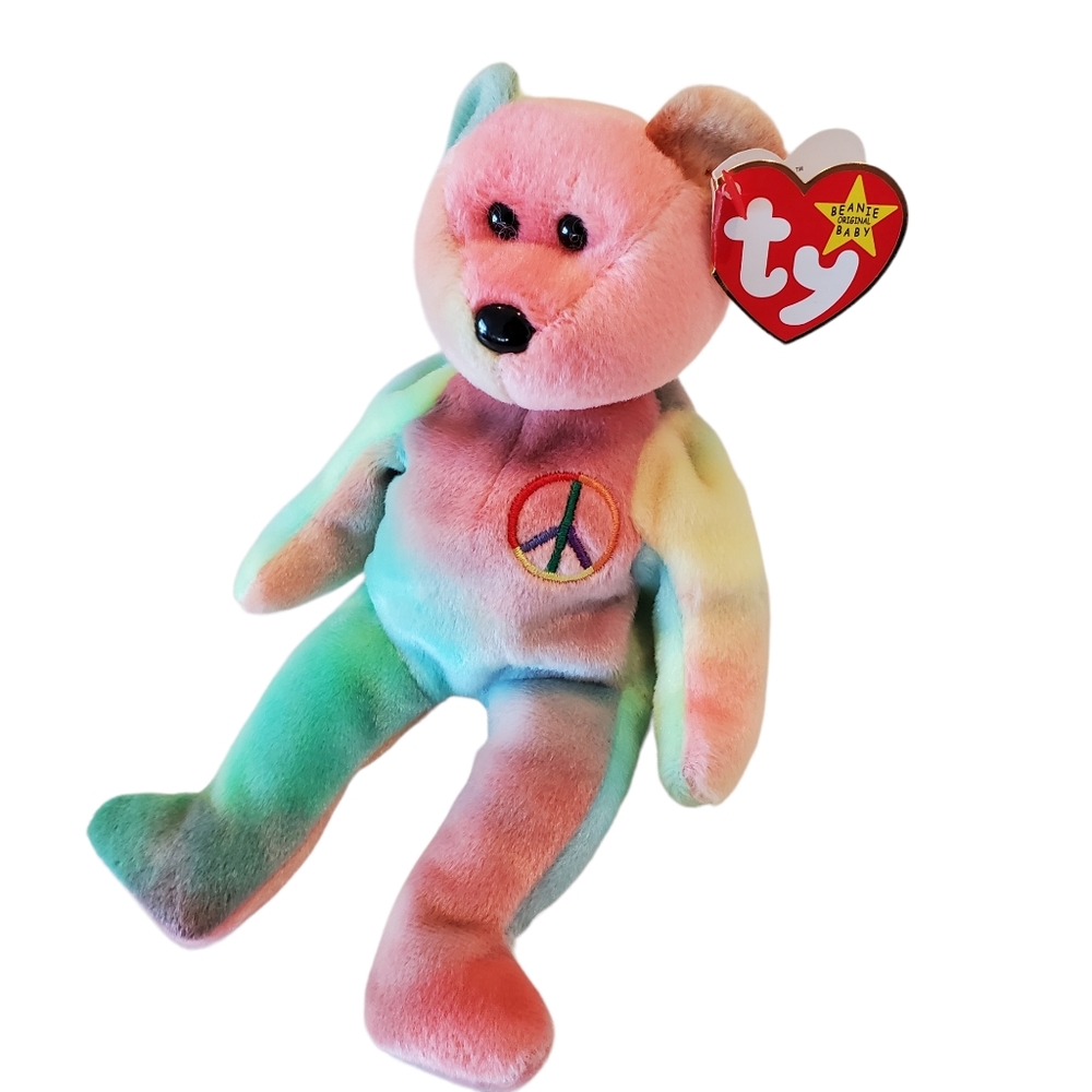 Ty Beanie Babies 1996 Peace Bear Pastel Tye Dye Rainbow Gasport Hang Tag Retired